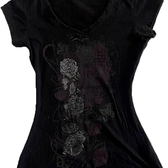 Y2k Fairy Grunge Clothes for Women Emo 2000s Skull Skeleton Print Tees Shirts Fa - Picture 2 of 2